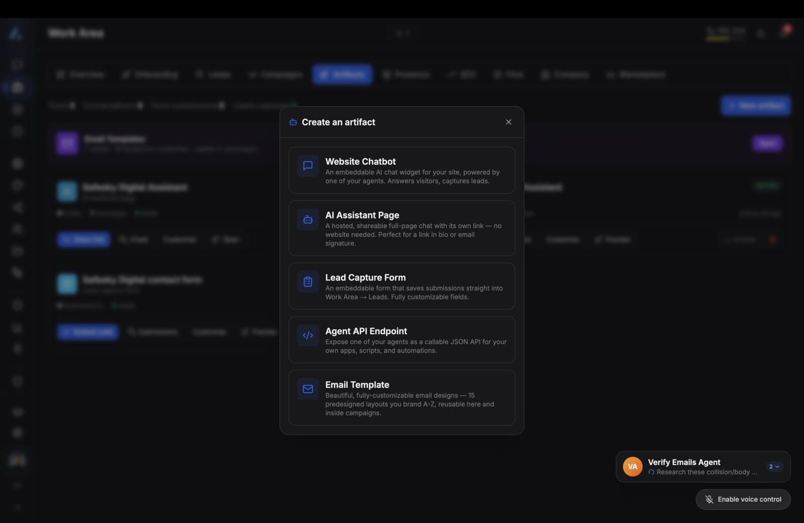 Actus Work Area - Create an artifact: website chatbot, AI assistant page, lead-capture form, agent API endpoint, email template
