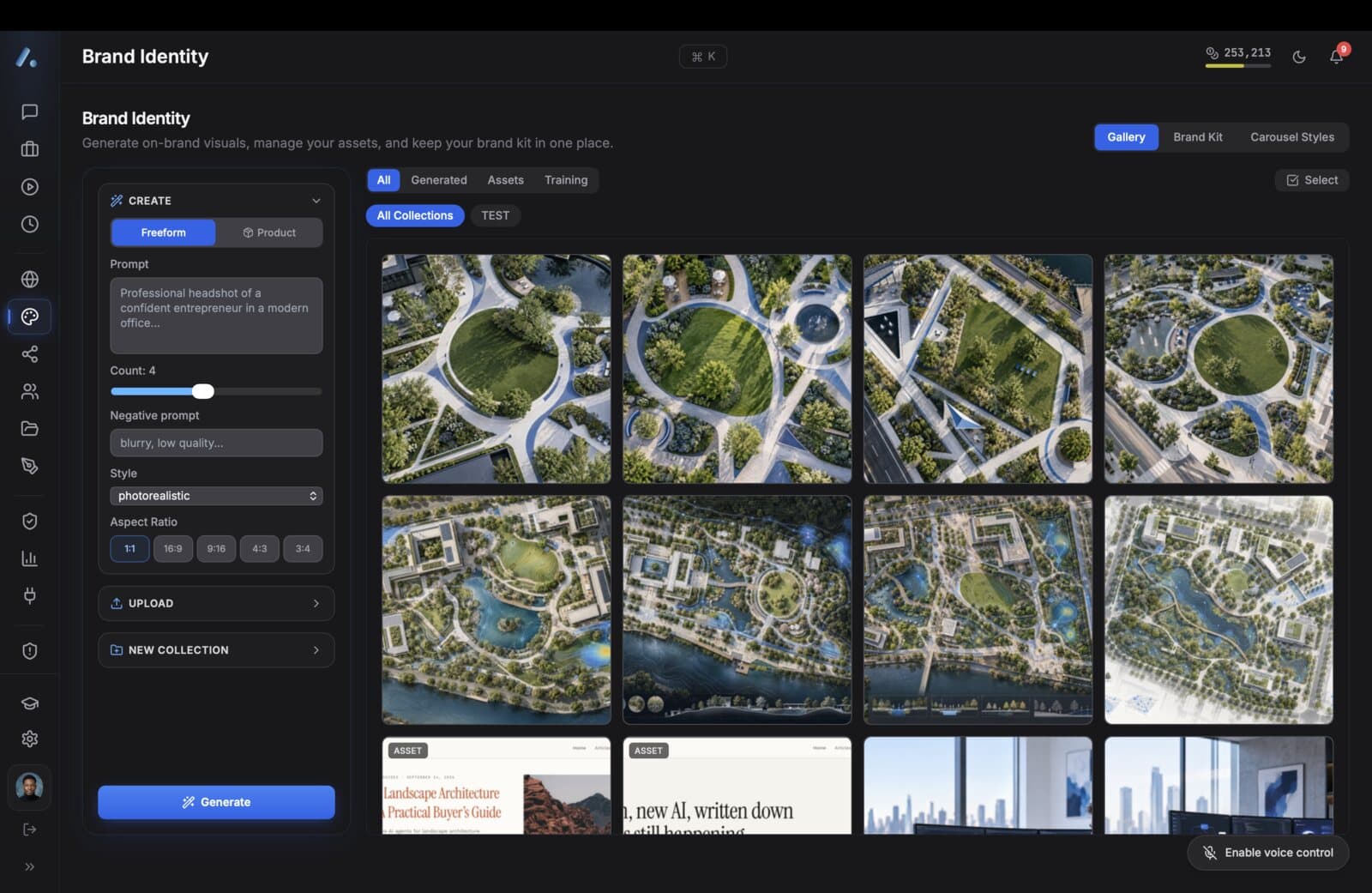 Actus Brand Identity - generate on-brand visuals with a gallery of AI-generated images, brand kit, and carousel styles